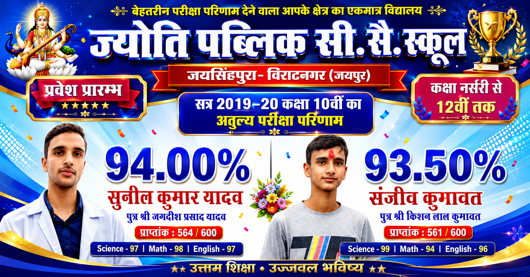 Jyoti Public Senior Secondary School Class 10 achievers Sunil Kumar Yadav and Sanjeev Kumawat for session 2019–20
