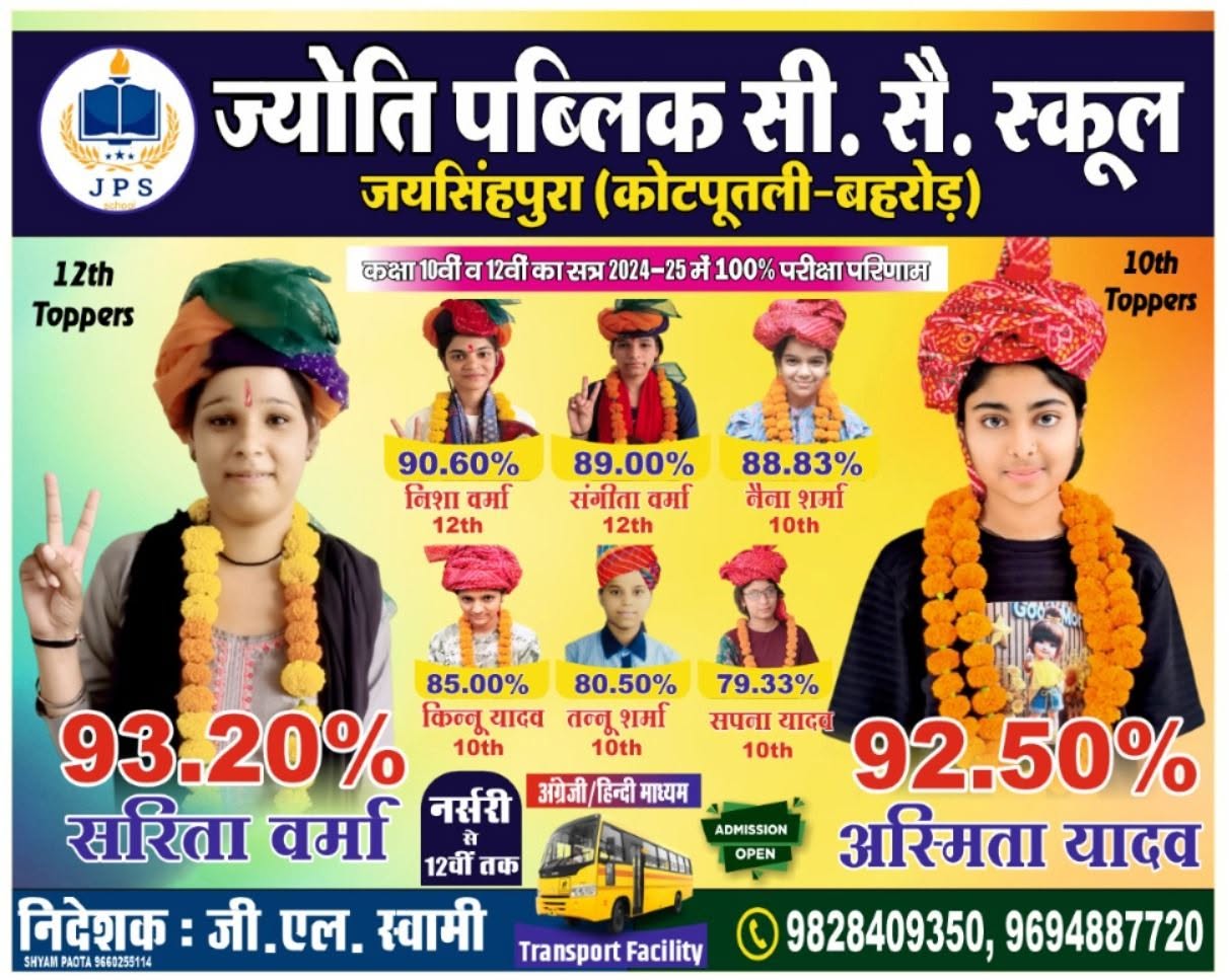 Jyoti Public Senior Secondary School Class 10 and 12 toppers and 100 percent result for the 2024–25 session