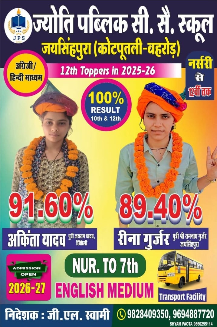 Jyoti Public Senior Secondary School Class 12 toppers Ankita Yadav and Maina Gurjar for session 2025–26